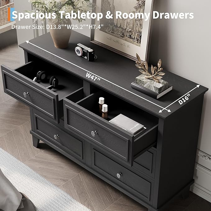 GarveeHome Farmhouse Black Dresser for Bedroom with 6 Drawer, Double Dresser TV Stand with Vintage Handle, Wide Wood Dressers & Chests of Drawers, 6 Drawer Dressers for Bedroom, Living Room, Hallway