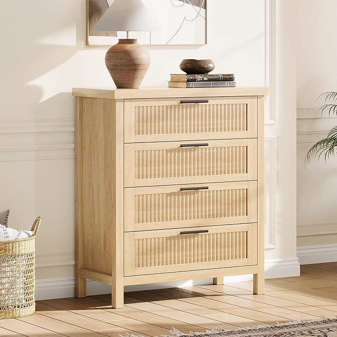 IDEALHOUSE Fluted 4 Drawers Dresser for Bedroom, 35.4" Tall Chest of Dressers for Closet, 4 Fluted Drawers with Metal Handle, Clothes Storage Cabinet for Bedroom, Nursery, Living Room, Natural Oak