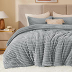 BEDELITE Fleece Queen Comforter Set -Super Soft & Warm Fluffy Light Grey Bedding, Luxury Fuzzy Heavy Bed Set for Winter with 2 Pillow Cases