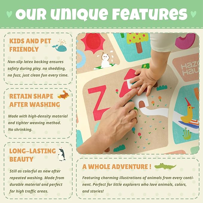 5x7 ABC Alphabet Rug for Preschool Kids – Educational Learning Play Mat for Toddlers, Washable Classroom or Playroom Carpet, Soft & Safe Baby Floor Rug with Fun Letters and Whimsical Art Décor