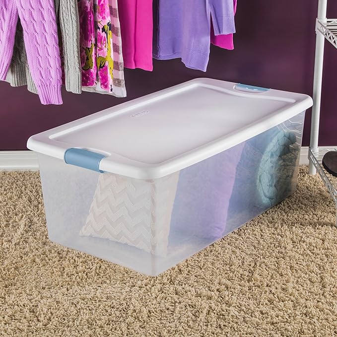 Sterilite 8-Pack Latching Box, Under Bed Storage Bins with Lids, Clear Plastic, 106 Quart - Heavy-Duty Organizing Containers for Closet, Bathroom, and Office