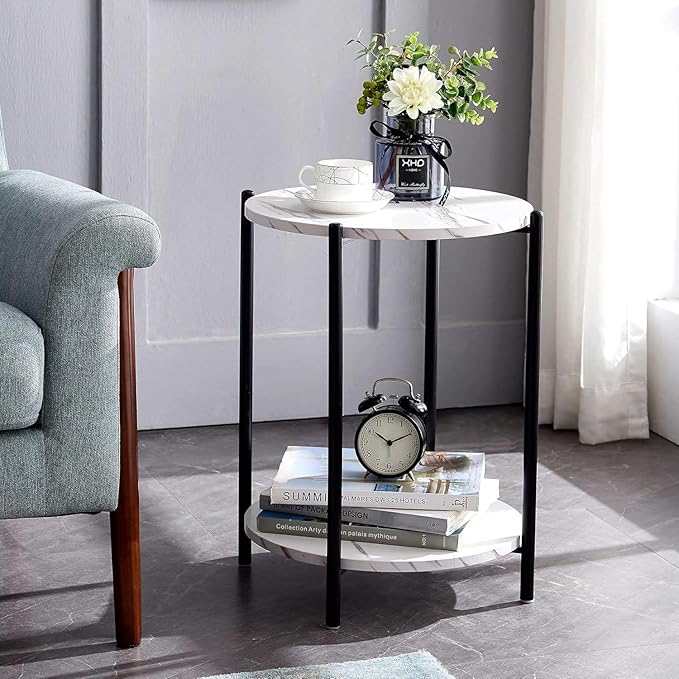 Small Round Side Table, 2-Tier Black End Table with Faux Marble Top, Modern Sofa Table for Small Spaces in Living Room, Couch, or Bedroom Nightstand (1 pcs Black, Round)