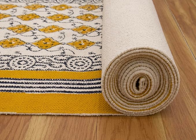 Kilim Runner 3x10 Cotton Runner Rug Yellow & Beige Indoor Outdoor 0.19 inches Stone Easy Washable Hand Wash Cotton Carpet Flatweave Rugs for Hallway, Staircases, Corridor