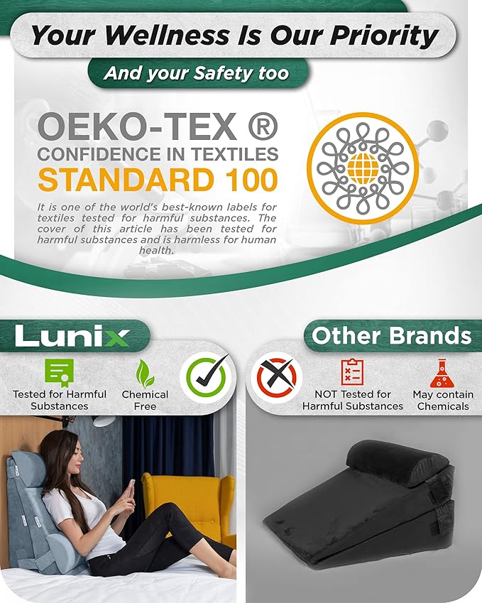Lunix 5pcs Orthopedic Bed Wedge Pillow Set for Sleeping – Adjustable Post Surgery Back, Leg & Knee Support, Acid Reflux & GERD Relief, Memory Foam Head Pillows, with Hot/Cold Pack, Gray