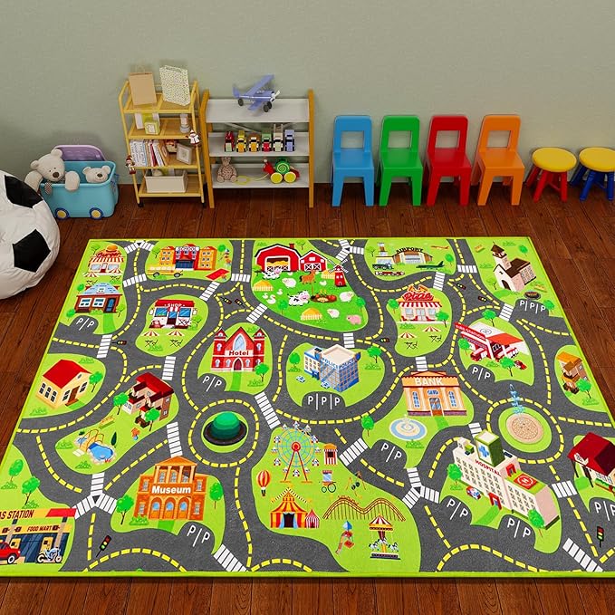 Kids Car Rug Play Mat, Kids Road Car Play Rug for Toy Cars, Educational Town City Map Carpet Vehicle Mat for Boy Playroom Bedroom, Non Slip Car Track Rugs for Kid Baby Children (78.7"X47.3", A)