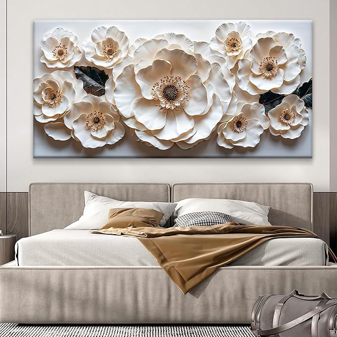 Large Wall Art For Living Room Floral White Wall Art Modern Canvas Art Wall Decor 29" X 58" Painting White Flower Wall Art Print Picture For Bedroom Home Office Decoration