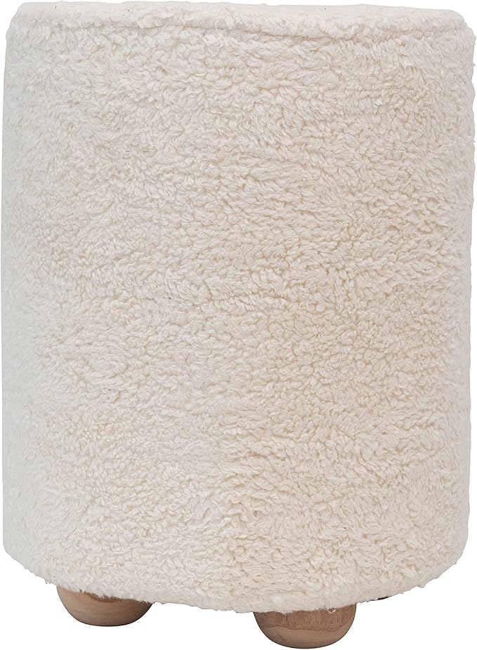 Bloomingville Round Sherpa Upholstered Pouf with Pine Wood Feet, Cream and Natural