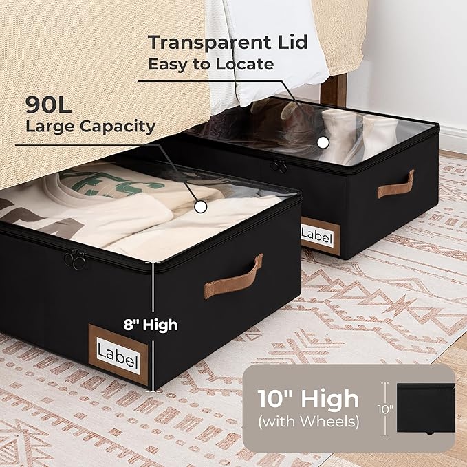 StorageWorks Under Bed Storage with Wheels, 10'' Underbed Storage Containers with Lid, 90L Clothes Organizer for Blankets, Sweaters, Bedding, 2-Pack, Black