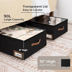 StorageWorks Under Bed Storage with Wheels, 10'' Underbed Storage Containers with Lid, 90L Clothes Organizer for Blankets, Sweaters, Bedding, 2-Pack, Black