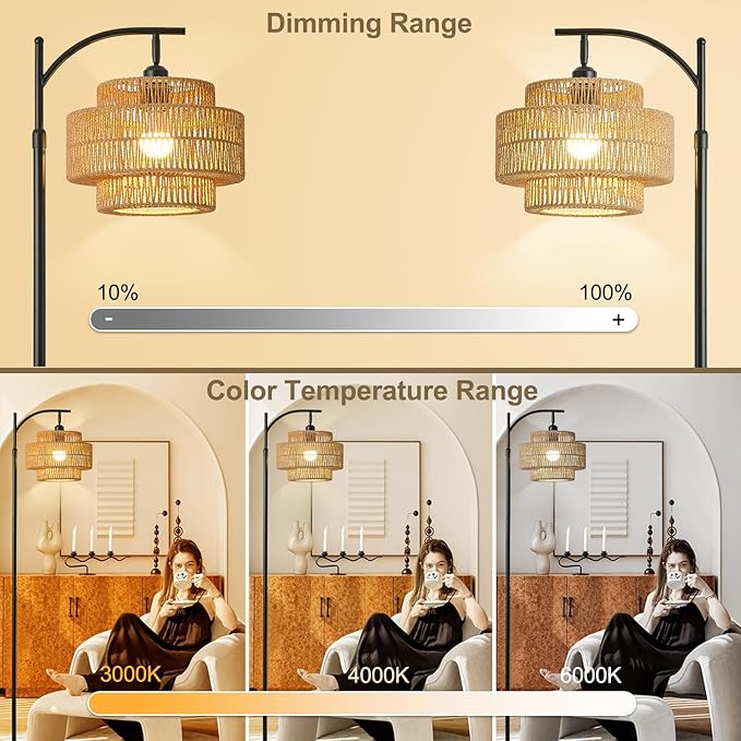 Boho Rattan Floor Lamp with Hand-Woven Wicker for Living Room,Modern 3-Tier Tall Floor Lamp with 3 Color Temperatures Remote & Dimmable 9W Bulb for Dining Room Bedroom Office Hotel(Brown)