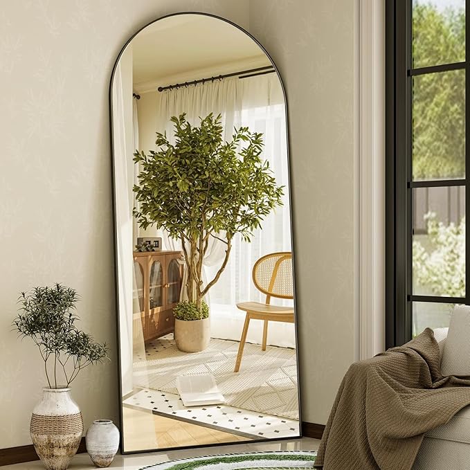 GLSLAND 35x78 inch Arched Full Length Mirror - Aluminum Alloy Frame Floor Mirror with Stand High Definition-Full Body Mirrors for Bedroom or Living Room,Black
