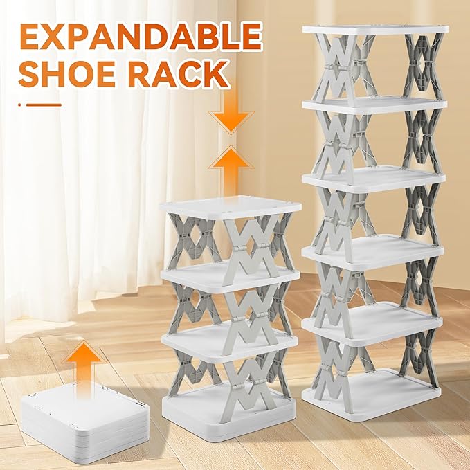 6 Tier Collapsible Kids Shoe Rack, Small Vertical Foldable Shoe Organizer for Front Door Entrance, Dorm, Bedroom, and Small Spaces (Grey-w)