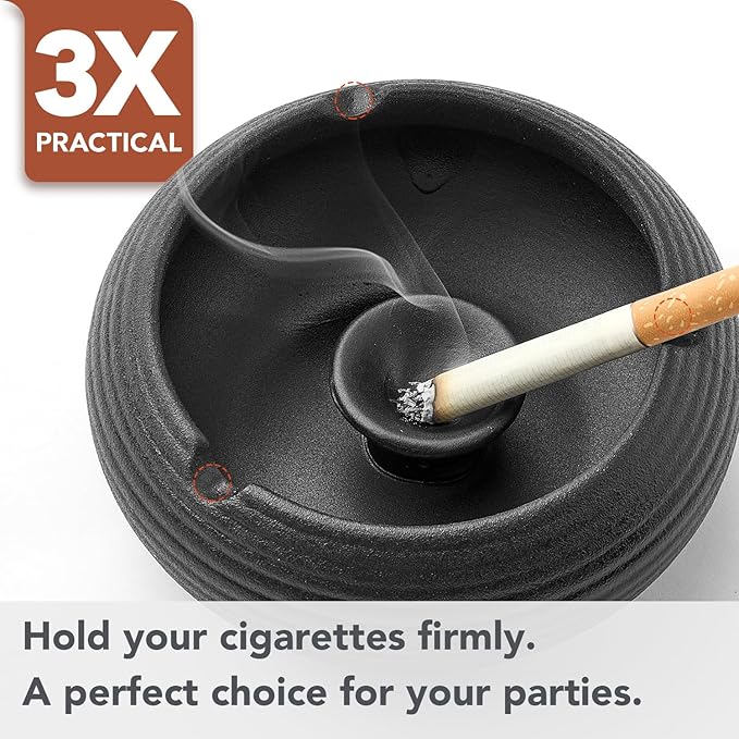 Ashtray with Lid for Outside Patio, Windproof Ash tray, Ceramic Smokeless Ashtray for Outdoor Home Office Tabletop Patio Outdoor Balcony, Black