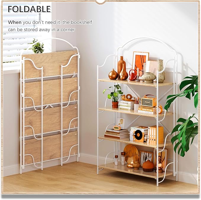 4NM No Assembly Extra Wide Folding Bookshelf for Living Room, 4 Tiers Collapsible Book Shelves Open Industrial Foldable Bookcase Storage Shelf for Home Office - Cloud Oak