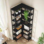 Tribesigns Corner Shelf, 7-Tier Industrial Corner Bookshelf, Wood and Metal Corner Etagere Bookcase, Freestanding Display Shelf for Living Room, Kitchen, Home Office, All Black