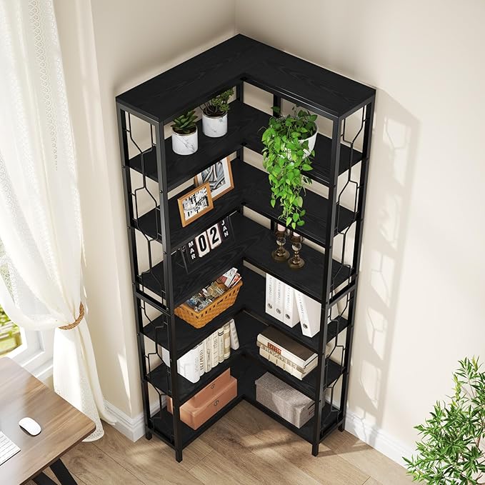 Tribesigns Corner Shelf, 7-Tier Industrial Corner Bookshelf, Wood and Metal Corner Etagere Bookcase, Freestanding Display Shelf for Living Room, Kitchen, Home Office, All Black