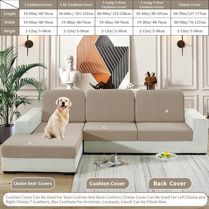 YEMYHOM Stretch Individual Cushion Covers Large Sofa Seat Cushion Slipcovers Soft Couch Cover Replacement Large Checkered Furniture Protector with Elastic Bottom (2 Pcs XL Cushion Covers, Khaki)
