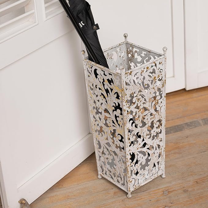Vintage Metal Umbrella Holder Decorative Flower Design Square Umbrella Stands Entryway Organizer Bucket for Home/Office/Farmhouse - Holds Multiple Umbrellas, Walking Sticks & Canes (White)