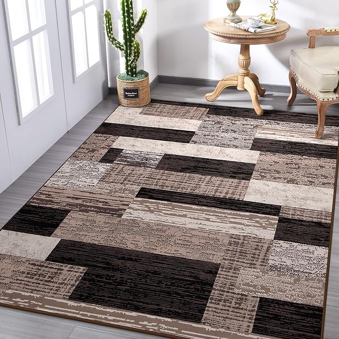 FlyDOIT Modern Geometric Patchwork Area Rug, 6x9 Chocolate Large Rugs for Living Room, Rockwood Collection Indoor Rugs for Bedroom, Throw Carpet Floor Decor for Entryway Dining Room Office Nursery