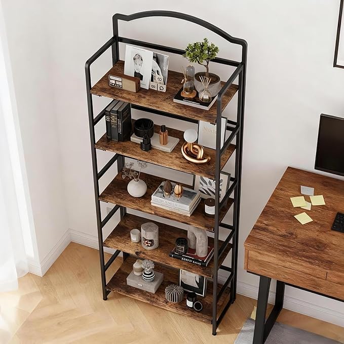 JSB No Assembly Folding Bookshelf, 5 Tier Book Shelf for Storage, Vintage Wood Foldable Bookcase for Living Room, Bedroom, Office Organization Shelves