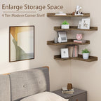 Floating Corner Shelves Set of 4, Rustic Pine Wooden Floating Corner Wall Shelf for Wall Décor Storage, L Shaped Corner Shelf Wall Mount For Bedroom, Living Room, Bathroom, Kitchen, Light Brown
