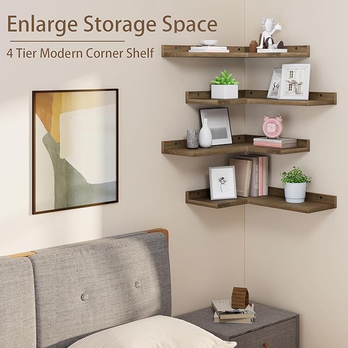 Floating Corner Shelves Set of 4, Rustic Pine Wooden Floating Corner Wall Shelf for Wall Décor Storage, L Shaped Corner Shelf Wall Mount For Bedroom, Living Room, Bathroom, Kitchen, Light Brown