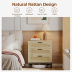 Mericonia 3 Drawer Rattan Dresser for Bedroom, Wood Dresser for Closet with Metal Handles, Small Boho Nightstand Sets, Dressers & Chests of Drawers for Bedroom, Hallway and Entryway, Oak
