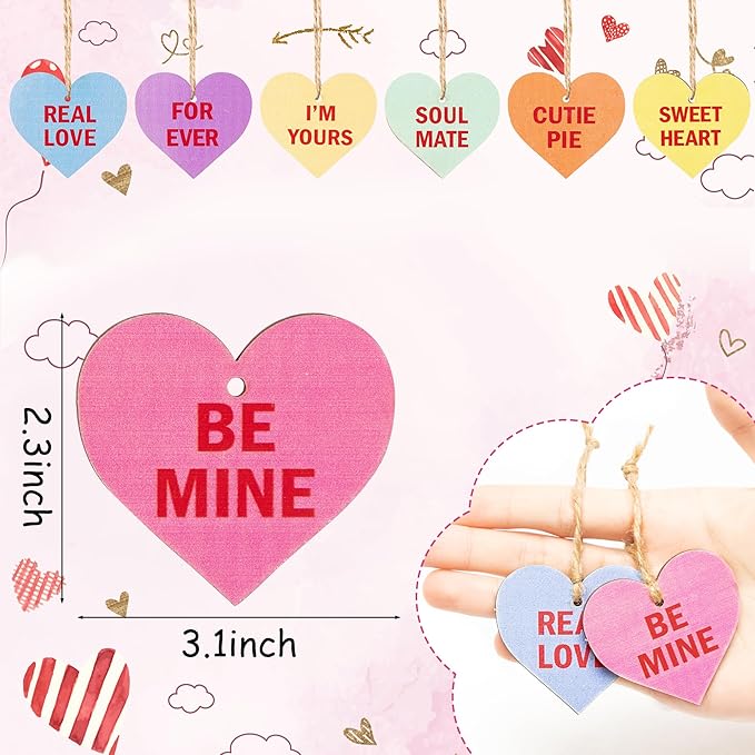 ANGOLIO 37Pcs Valentine's Day Wooden Candy Heart Hanging Ornaments Conversation Heart Hanging Decorations Colorful Love Heart Ornaments for Valentine's Day Wedding Holiday Party Supplies Decor