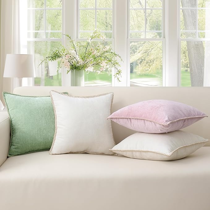 decorUhome Spring Chenille Soft Cozy Throw Pillow Covers 18x18 Set of 2, Modern Farmhouse Boho Velvet Decorative Pillow Cases with Stitched Edge for Couch Sofa Bed Home Decor, Cream White