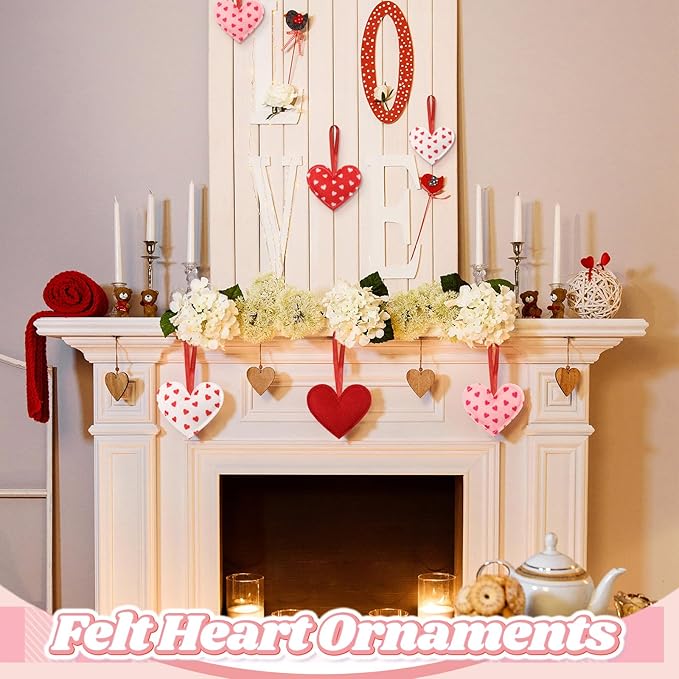 Syhood 12 Pcs Valentine's Day Felt Heart Ornaments Hanging Tree Decor for Wedding, Anniversary, Christmas Party Supplies, Winter Home Decorations(Pink and Red,Simple Style)