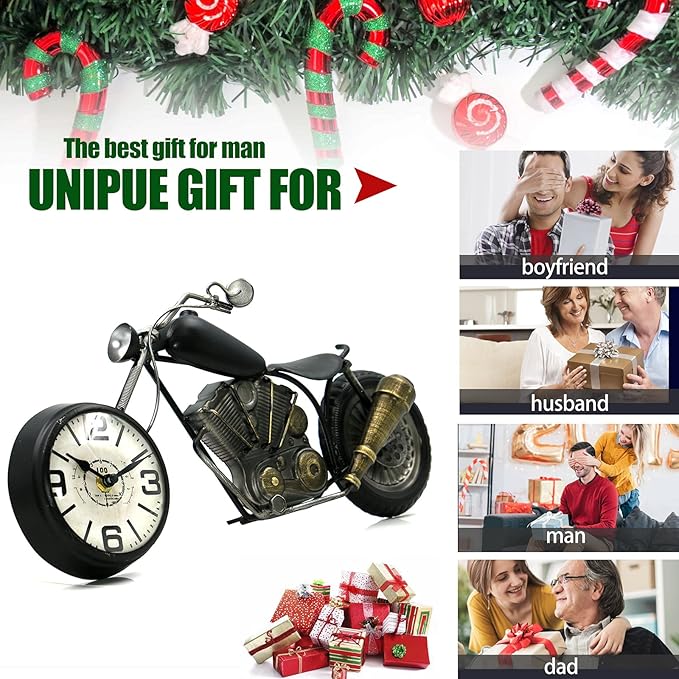 Vintage Desk Clock Tabletop Clock Motorcycle Gifts for Men Rustic Farmhouse Decor Gifts for Dad Him Boyfriend Battery Operated No Ticking Antique For Mantle Shelf Decorations Living Room Office Black