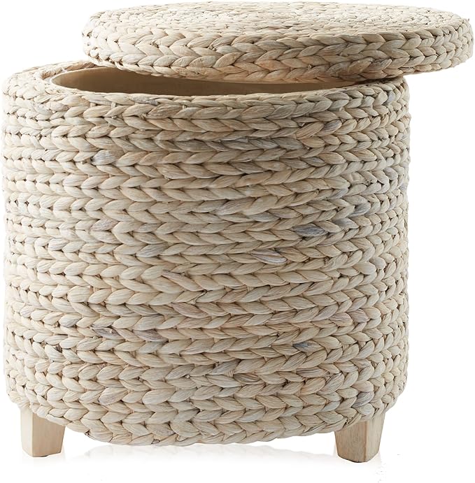 Casafield 17" Round Storage Ottoman with Lid - Whitewash, Handwoven Water Hyacinth Footstool for Living Room, Bedroom, Bathroom, Home Office