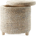 Casafield 17" Round Storage Ottoman with Lid - Whitewash, Handwoven Water Hyacinth Footstool for Living Room, Bedroom, Bathroom, Home Office