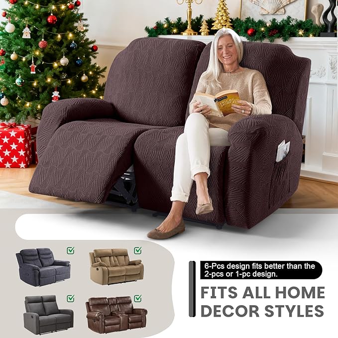 VANSOFY Recliner Loveseat Cover, 6-Pieces Stretch Dual Recliner Sofa Cover Soft Jacquard Reclining Couch Slipcover Furniture Protector with Elastic Bottom for Kid, Pets(2 Seat,Dark Coffee)