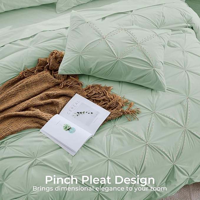 Sasttie Queen Comforter Set, 7-Piece Bed in a Bag, Pintuck Bedding Set for All Season, Includes Comforter, Flat Sheet, Fitted Sheet, Pillowcases and Pillowshams, Sage