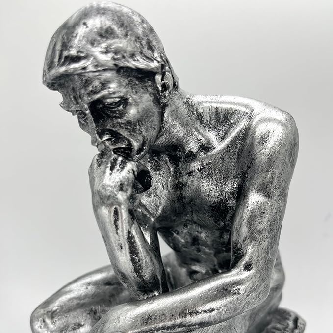 Thinker Statue Decor Office Desktop Bookcase Sculpture Accent Large DéCor Famous Rodin'S Thinker Art Collection Resin Figurine Desk Gifts for Men Modern Home Decorate (Silver)