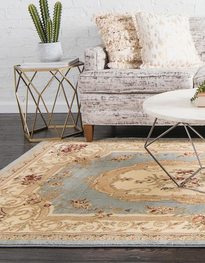 Rugs.com Chateau Collection Rug – 8' x 11' Light Blue Medium Rug Perfect for Living Rooms, Large Dining Rooms, Open Floorplans