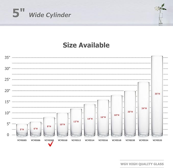 WGV Cylinder Vase Bulk, Diameter 5", Height 8", Clear Glass Floral Planter Container, Floating Candle Holder for Wedding Party Event Home Office Decor, 6 Pieces