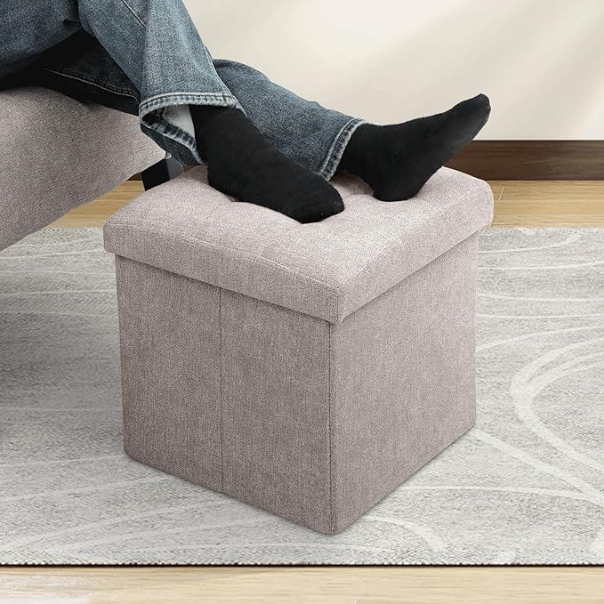 MoNiBloom 15 Inches Storage Ottoman Cube, Folding Square Foot Rest Stool, Small Ottoman Footrest with Storage for Living Room, Bedroom, Entryway, Sandy Beige