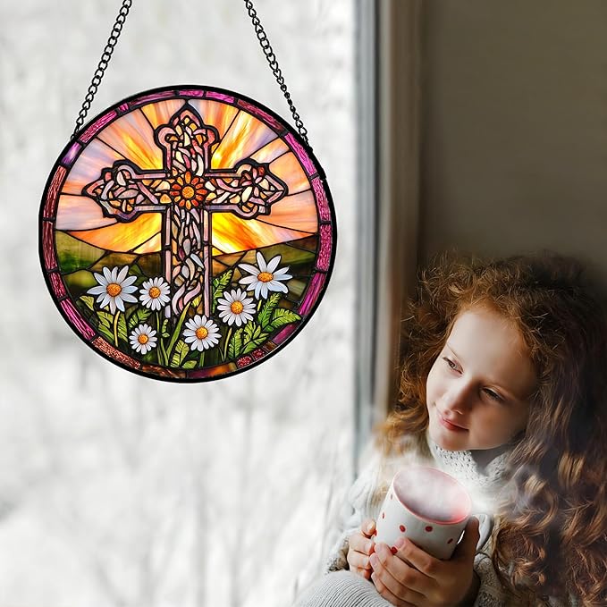Christian Gifts for Women - Cross Stained Glass Window Hanging Jesus Easter White Daisy Flower Sun Catcher Garden Religion Decor Mother's Day Catholic Gift for Men Grandma Nana Her 15"