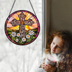 Christian Gifts for Women - Cross Stained Glass Window Hanging Jesus Easter White Daisy Flower Sun Catcher Garden Religion Decor Mother's Day Catholic Gift for Men Grandma Nana Her 15"