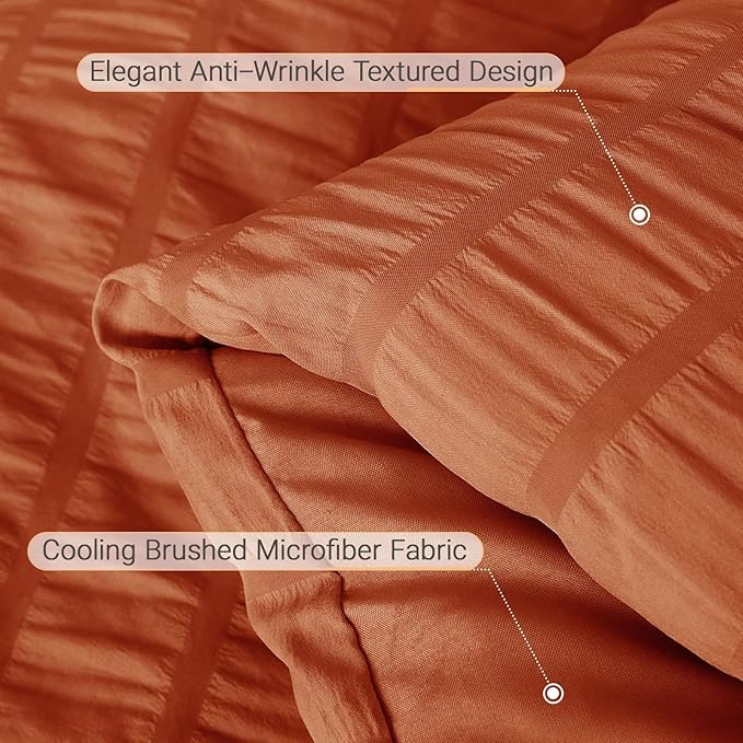 MUXHOMO 7 Pieces Queen Comforter Set, Seersucker Bed in a Bag Queen Size, All Season Luxury Bedding Set with Comforter, Flat Sheet, Fitted Sheet, Pillowcases & Shams, Burnt Orange