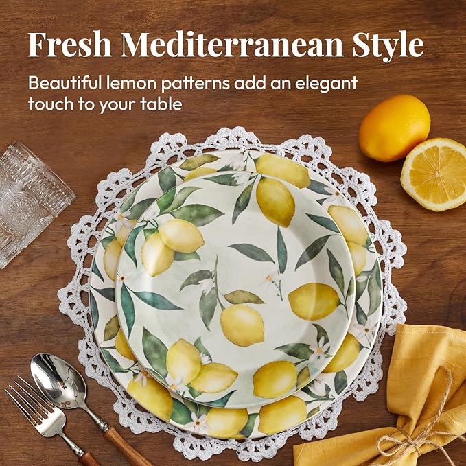Bico Lemon Dreams Salad Plates Set of 4, 8.75 Inch Ceramic Dessert Plates for Salad, Appetizer, Side Dishes, Microwave and Dishwasher Safe, Gift for Housewarming and Thanksgiving