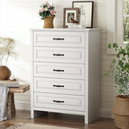 Marsail Farmhouse 5 Drawer Dresser, Wood Chest of Drawers with Natural Texture, Smooth Gliding Drawers, Versatile Storage Organizer Cabinet for Bedroom & Living Room, White
