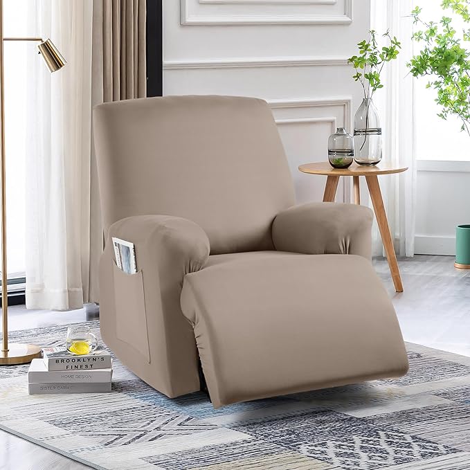 TAOCOCO Recliner Chair Covers 4-Pieces for Oversized Recliner, Stretch Recliner Slipcover for Large Recliners Washable Polyester Soft Fabric Furniture Protector (Oversized Recliner, Khaki)