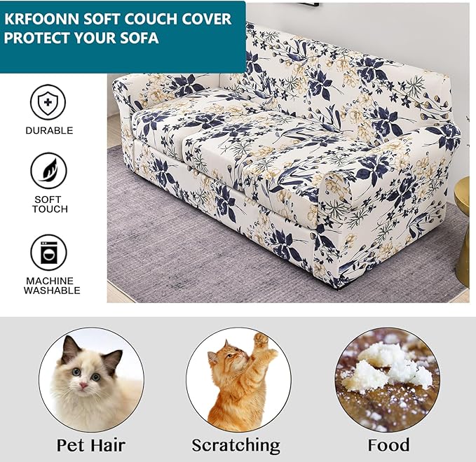 KRFOONN 4 Piece Stretch Sofa Couch Covers for 3 Cushion Couches Printed Sofa Slipcover with 3 Separate Seat Cushion Covers Washable Sofa Slip Covers Furniture Protector for Pets Kids (Large, 27)