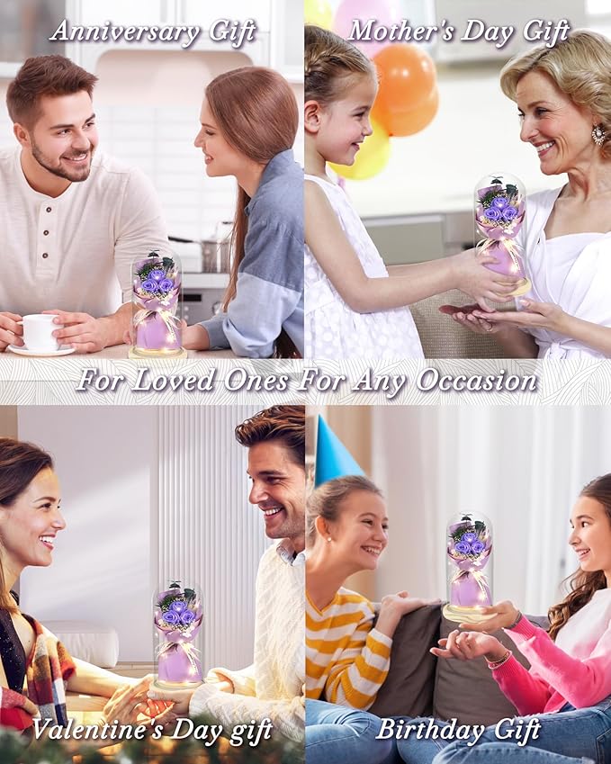 HVY Preserved Flower Bouquet Gift for Her,Forever Fresh Flowers for Delivery Prime Preserved Roses in Glass with LED Light Mothers Day Birthday Gifts for Mom,Wife,Grandma, Purple Rose