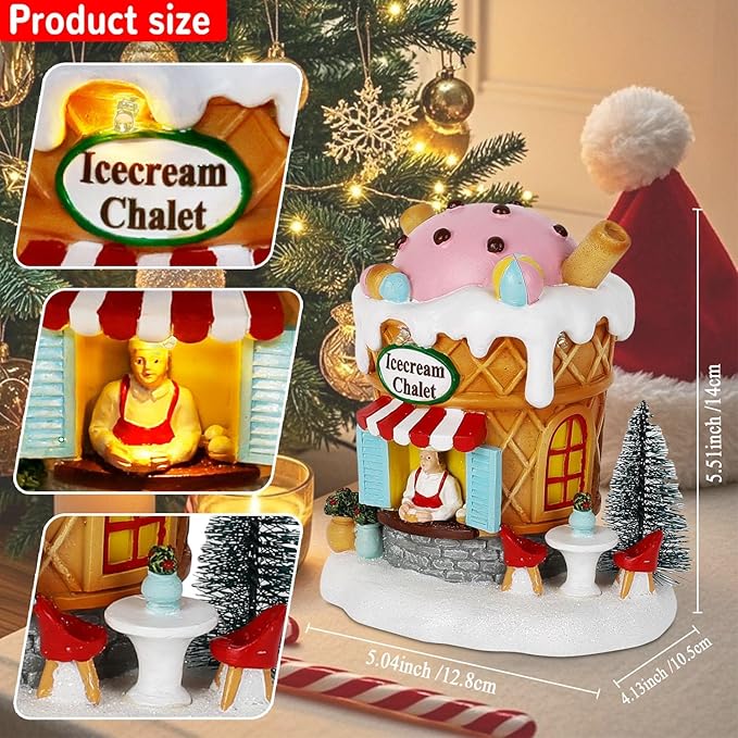 innodept12 Light-Up Gingerbread Village House Christmas Decor – Ice Cream Chalet Collectible Shop Figurine for Indoor Holiday Home Decoration