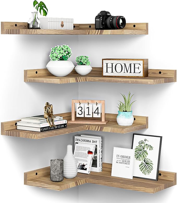4 Tier Floating Corner Shelves Set of 4, Rustic Pine Wood Floating Corner Wall Shelf for Wall Décor Storage, L Shaped Corner Shelf Wall Mount for Bedroom,Living Room,Bathroom,Kitchen,Carbonized Black.
