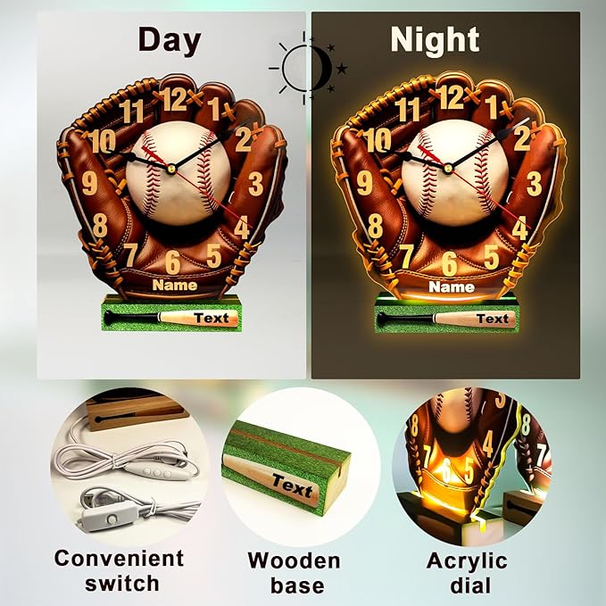 Customized Name Baseball Led Night Desk Clock,Bedroom Time Night Light,Quartz Movement,Silent Pointers,10,12 in,Baseball Themed Birthday Gift Decorating Boy's Room